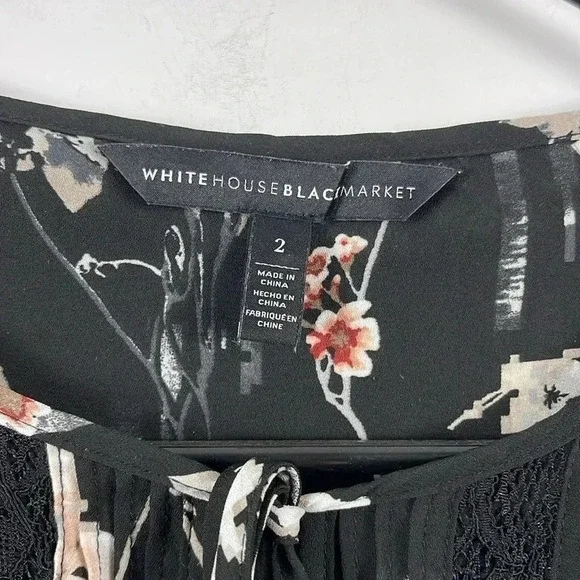 White House Black Market Floral Blouse Size 2 Black Long Sleeve Chiffon Top - Picture 4 of 7